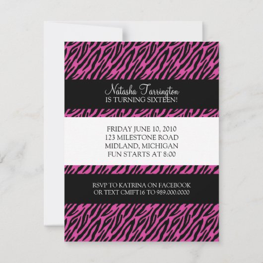 Zoete 16 Birthday Party Invitations {Zebra Print} Kaart (Achterkant)