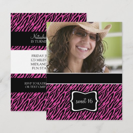 Zoete 16 Birthday Party Invitations {Zebra Print} Kaart (Voorkant / Achterkant)