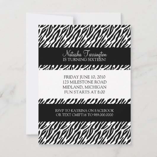 Zoete 16 Birthday Party Invitations {Zebra Print} Kaart (Achterkant)