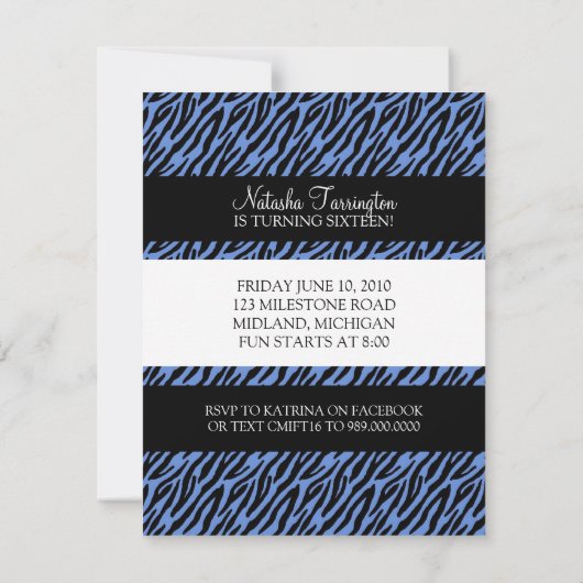 Zoete 16 Birthday Party Invitations {Zebra Print} Kaart (Achterkant)