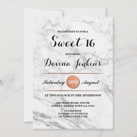 Zoete 16 Birthday Party Marble Roos Gold Invite 18 Kaart (Voorkant)