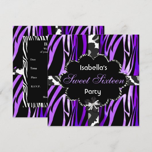 Zoete 16 Birthday Party Paars Black White Zebra Kaart (Voorkant / Achterkant)