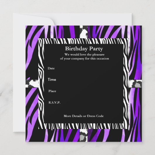 Zoete 16 Birthday Party Paars Black White Zebra Kaart (Achterkant)