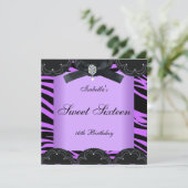 Zoete 16 Birthday Party Paars Black Zebra Kaart (Staand voorkant)