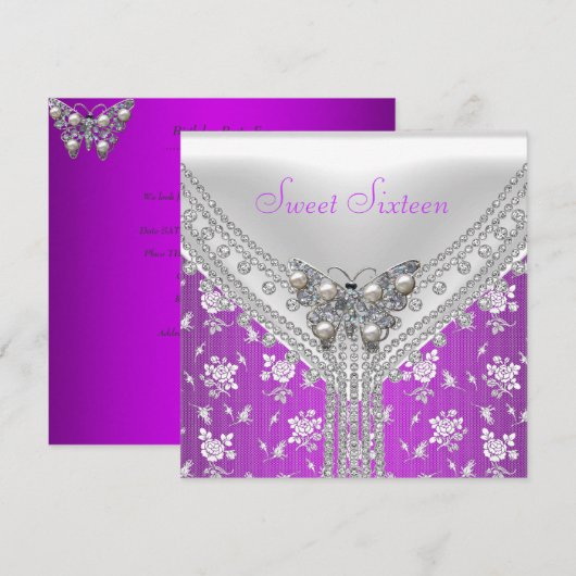 Zoete 16 Birthday Party Paarse White Butterfly Kaart (Voorkant / Achterkant)