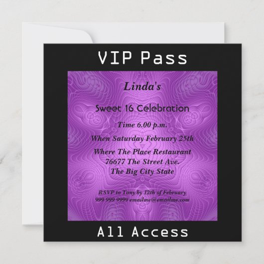 Zoete 16 Birthday Party VIP pass Paars 2 Kaart (Voorkant)
