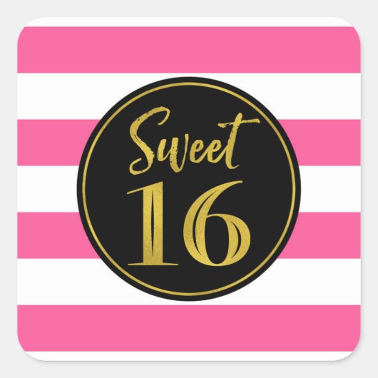 Zoete 16 Birthday Pink Black White Gold Vierkante Sticker (Voorkant)
