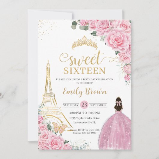 Zoete 16 Birthday Pink Floral Paris Eiffel Gold Kaart (Voorkant)