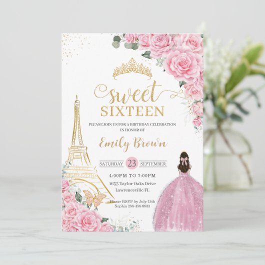 Zoete 16 Birthday Pink Floral Paris Eiffel Gold Kaart (Staand voorkant)
