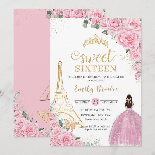 Zoete 16 Birthday Pink Floral Paris Eiffel Gold Kaart (Voorkant / Achterkant)