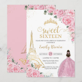 Zoete 16 Birthday Pink Floral Paris Eiffel Gold Kaart