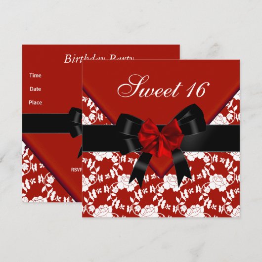 Zoete 16 Birthday Red Black White Floral Bow Kaart (Voorkant / Achterkant)