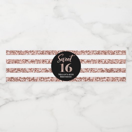 Zoete 16 "Birthday Roos Gold Stripes" Waterfles Etiket (Enkel label)