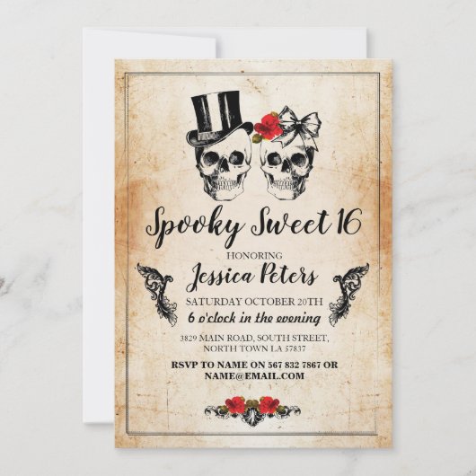 Zoete 16 Birthday Roos Skulls Halloween Invite Kaart (Voorkant)