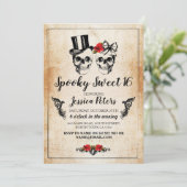 Zoete 16 Birthday Roos Skulls Halloween Invite Kaart (Staand voorkant)