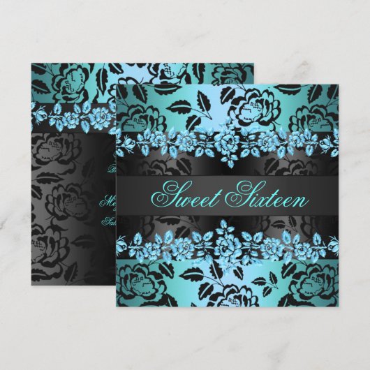 Zoete 16 Blauw Roos Design Birthday Uitnodiging (Voorkant / Achterkant)