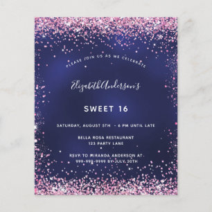 Zoete 16 blauw-roze glitter budgetuitnodiging flyer