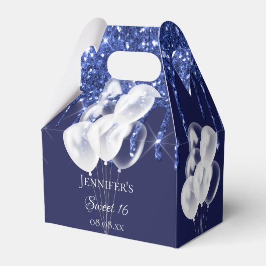 Zoete 16 blauw-witte glitterballonnen bedankdoosjes (Voorkant Zijde)