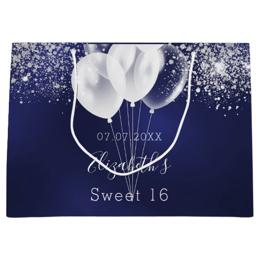 Zoete 16 blauw-witte glitterballonnen groot cadeauzakje (Voorkant)