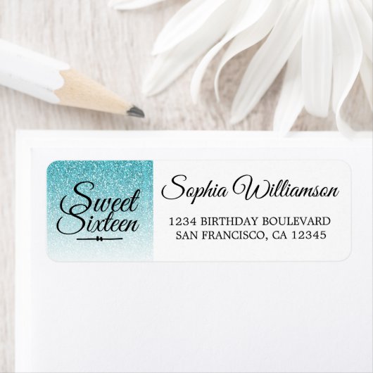 Zoete 16 Blauwe Glitter Verjaardags Retouradres Etiket (Insitu)