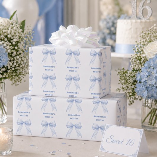 Zoete 16 blauwe strik parels cadeaupapier