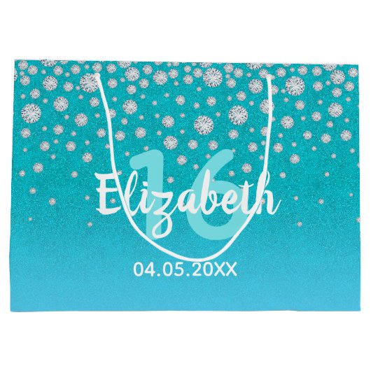 Zoete 16 blauwgroen blauwe groene flitternaam groot cadeauzakje (Achterkant)