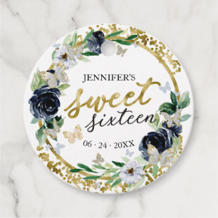 Zoete 16 Bloem Vlinder Marineblauw Goud Bedankjes Labels