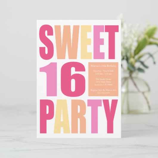 Zoete 16 Blokbrief Birthday Party Uitnodigingen (Staand voorkant)