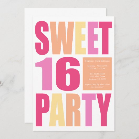 Zoete 16 Blokbrief Birthday Party Uitnodigingen (Voorkant / Achterkant)