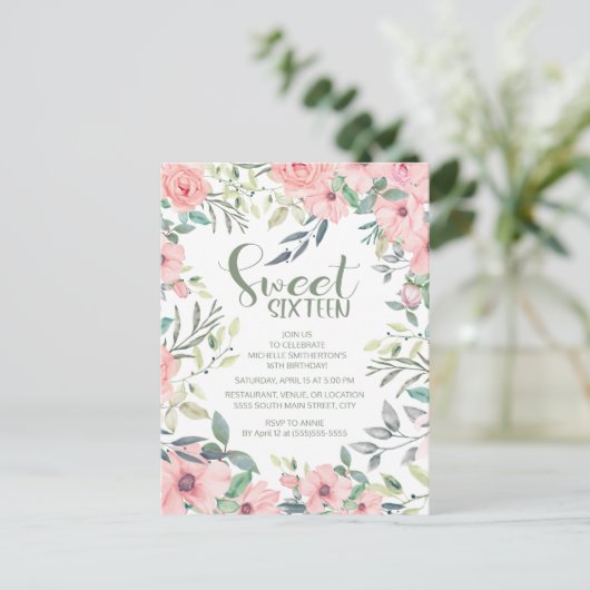 Zoete 16 Blush roze bloemen Groene bladeren Briefkaart (Staand voorkant)