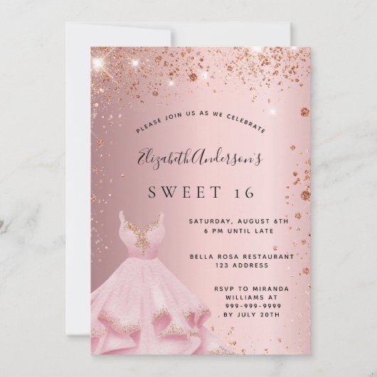 Zoete 16 blush roze sparkle jurk kaart (Voorkant)