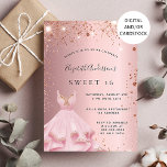 Zoete 16 blush roze sparkle jurk kaart<br><div class="desc">Een moderne,  stijlvolle en glamoureuze uitnodiging voor een Sweet 16,  16th verjaardagsfeestje. Een blush roze achtergrond met roos gouden sprankeling en een roze jurk. De naam is geschreven met een handgeschreven stylescript. Personaliseer en voeg uw feestdetails toe.</div>