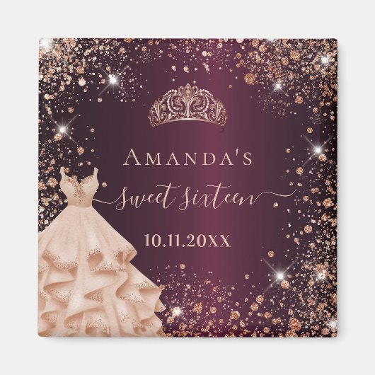 Zoete 16 bordeauxroze gouden tiara jurk naam magneet (Voorkant)