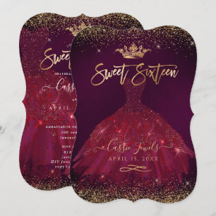 Zoete 16 Bourgondië Goud Confetti+Prinsessen Kroon Kaart