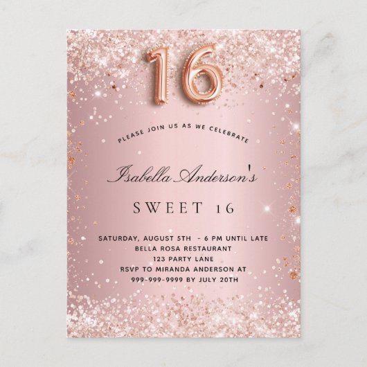 Zoete 16 bruine roze roze roze goudglitterstof uitnodiging briefkaart (Voorkant)