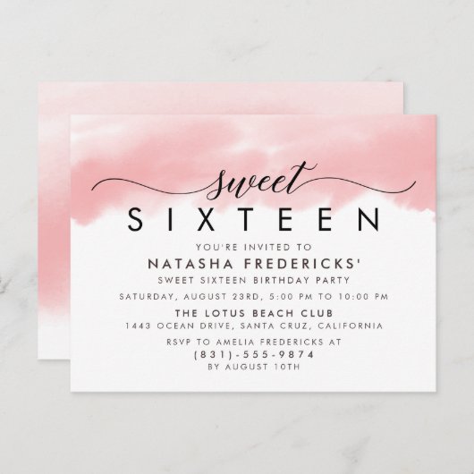 Zoete 16 Elegant Script Modern Waterverf Birthday Uitnodiging Briefkaart (Voorkant / Achterkant)