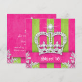Zoete 16 feest uitnodiging Roze strepen Kroon Tiar (Voorkant / Achterkant)