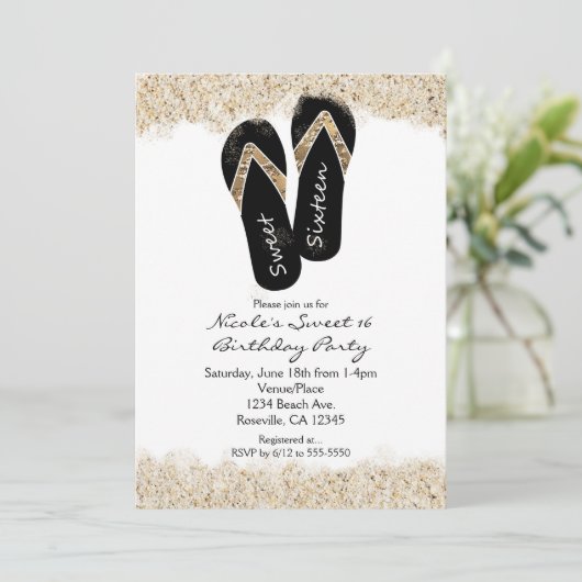 Zoete 16 Flip Flops Zandstrand Feest Uitnodigingen (Staand voorkant)