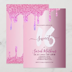 Zoete 16 Glitter Drips Roze Metalen Verjaardagsuit Kaart