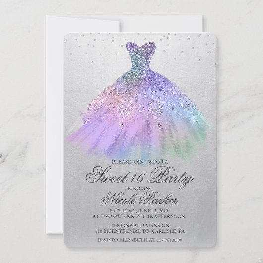 Zoete 16 Glitterjurk Diamanten Uitnodiging (Voorkant)