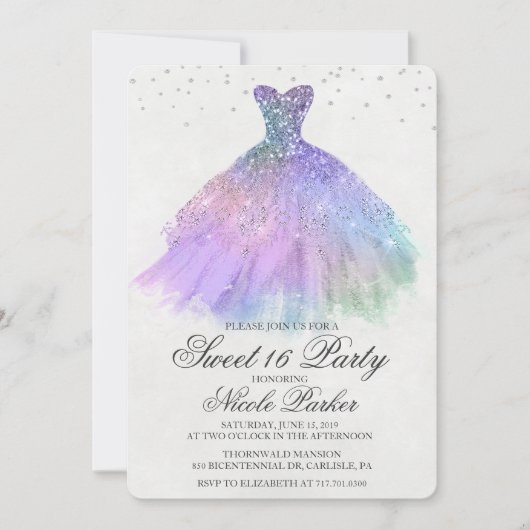 Zoete 16 Glitterjurk Diamanten Uitnodiging (Voorkant)