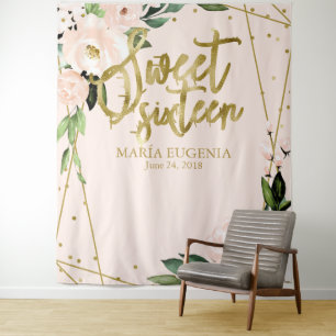 Zoete 16 Goud Folie Roze Bloemstuk Achtergrond Wandkleed