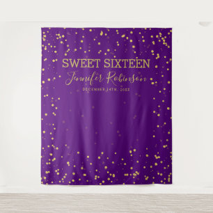 Zoete 16 Goud & Paarse Glitter Stippen Achtergrond Wandkleed