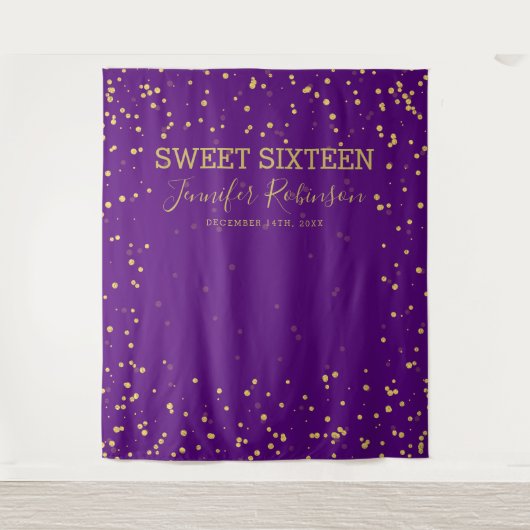 Zoete 16 Goud & Paarse Glitter Stippen Achtergrond Wandkleed (Voorkant)