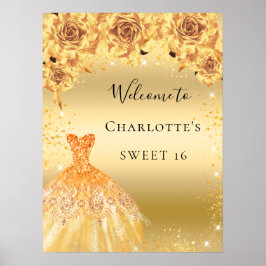 Zoete 16 gouden glinsterjurk bloemen welkom poster