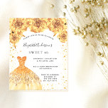 Zoete 16 gouden jurk met witte bloem-begrotingsuit flyer<br><div class="desc">Let op: deze uitnodiging is op flyer paper en erg dun. Enveloppen zijn niet inbegrepen. Ga naar onze winkel voor nog meer dikkere uitnodigingen (hetzelfde ontwerp). Een moderne, stijlvolle en glamoureuze uitnodiging voor een Sweet 16, 16e verjaardagsfeestje. Een witte achtergrond met faux goudglitter stof, een jurk en rozen, bloemen. De...</div>