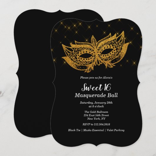 Zoete 16 Gouden Masker Masquerade Uitnodiging (Voorkant / Achterkant)