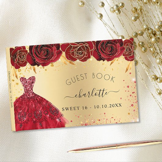 Zoete 16 gouden rode kledij bloemen glitter gastenboek