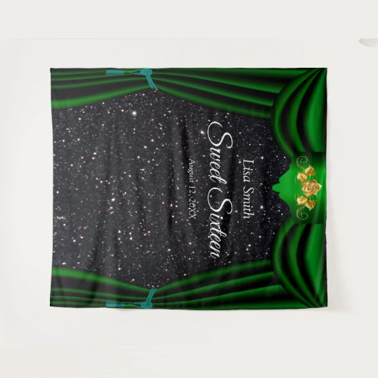 Zoete 16 Gouden Roos Groene Gordijn Zwart Glitter Wandkleed (Voorkant (horizontaal))