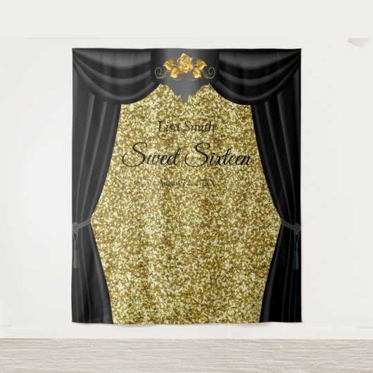 Zoete 16 Gouden Roos Zwarte Gordijn Gouden Glitter Wandkleed (Voorkant)